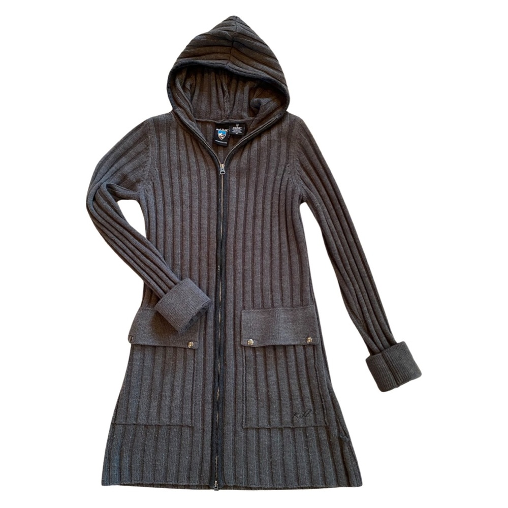 Zip up, hooded, ribbed long sweater by Kuhl.